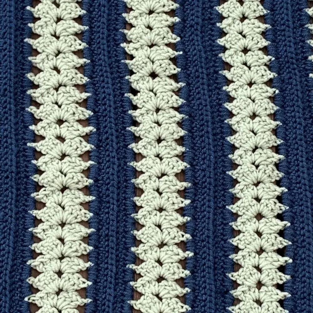 Vintage Crocheted Afghan Blanket Navy Blue Muted Green 65” x 46” Rounded Ends